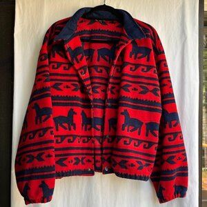 Vintage 90s Timberline Horse Print Fleece Snap Jacket USA Red Navy Western L/XL